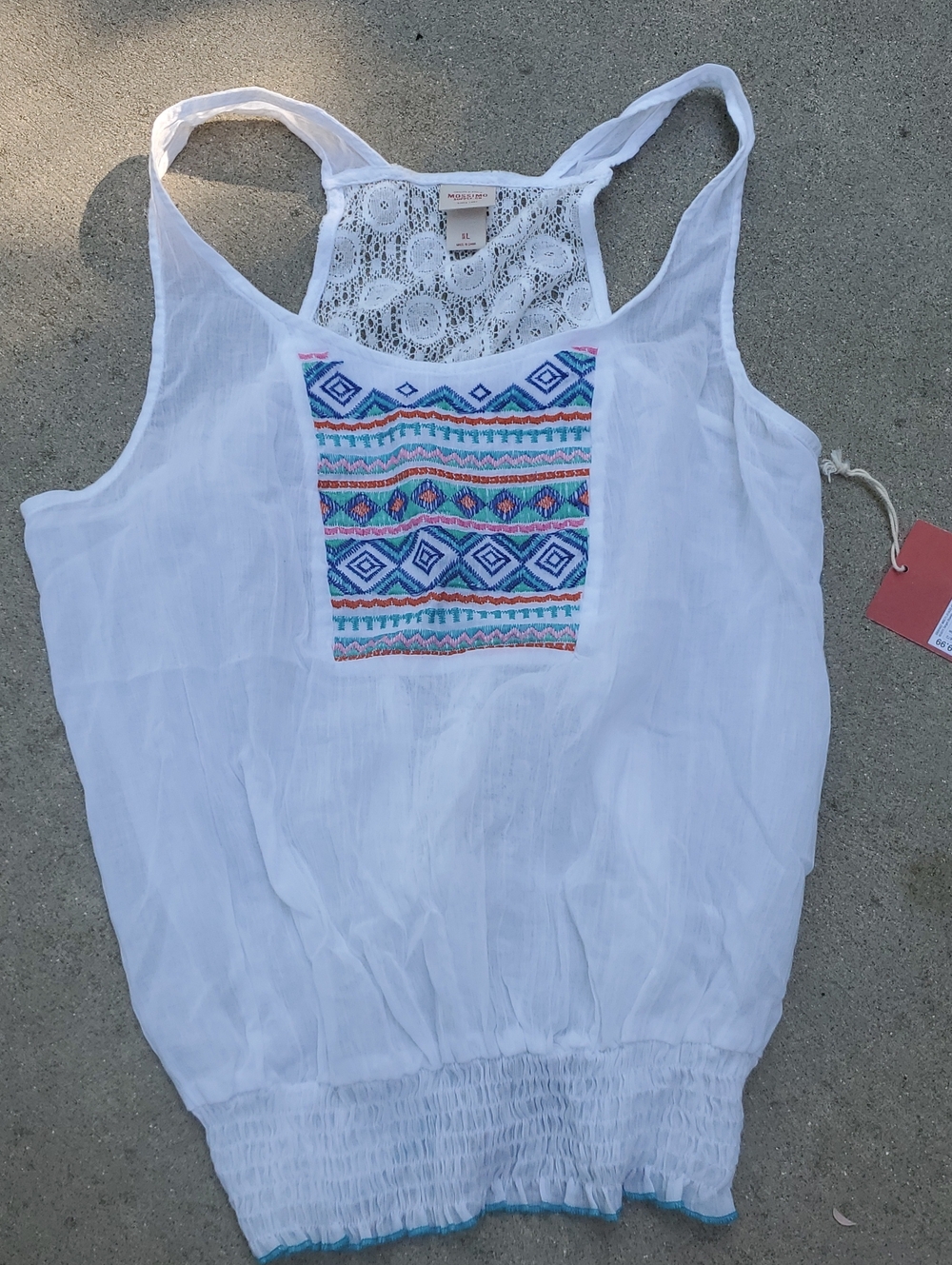 Mossimo Supply Co. White Racerback Tank with Blue & Teal Embroidery